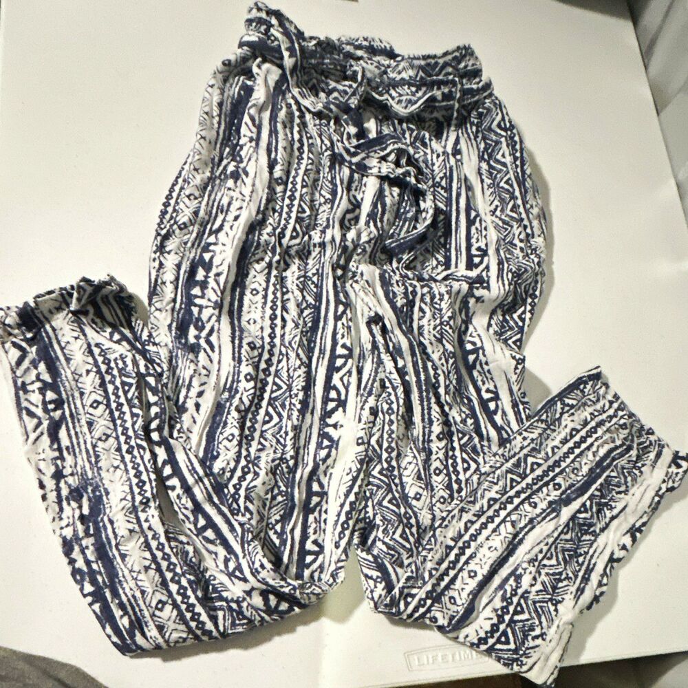 Cali 1850 Blue/White Geometric Linen Blend Drawstring Pants: Size XS